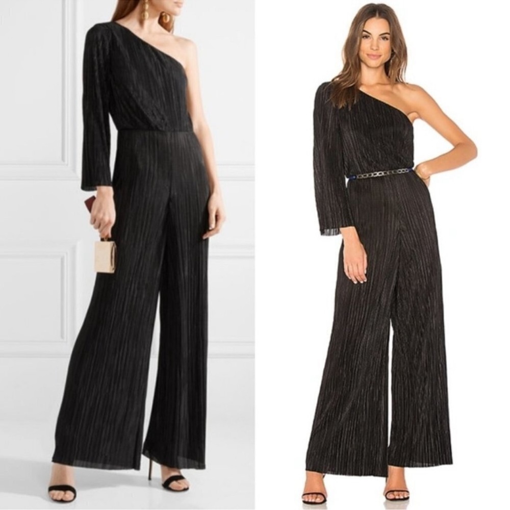 Alice + Olivia Keiko One Shoulder Black Pleated Wide Leg Jumpsuit 
size 8